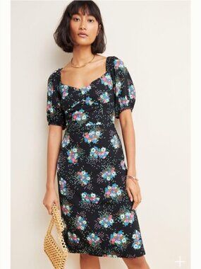 by Anthropologie Tabia Black Floral Puff Sleeve Dress 6 Cottagecore Goth